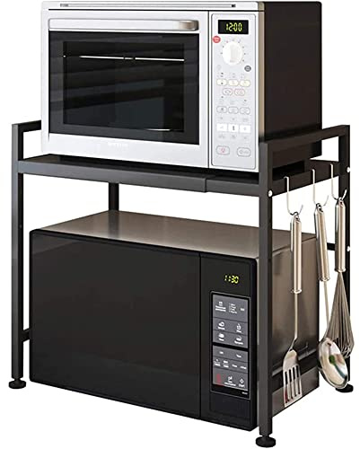 Drumm Meuble Rangement de Cuisine Support Four Micro-Ondes Extensible en Hauteur & Largeur - Noir, Acier au Carbone, 2 Niveaux d'étagère, 3 Crochets pour Ustensiles de Cuisine, 40/64 x 45 x 36.5 cm