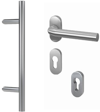 BASI | Komplettset für Haustür aus Edelstahl | Stoßgriff mit Beschlag und Abdeckungen | Haustürgriff Stangengriff | Länge: 800 mm - Abstand: 600 mm
