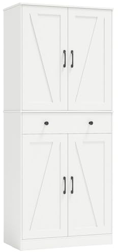 COSTWAY 183cm Tall Kitchen Cupboard, 4-Door Buffet Pantry Storage Cabinet with 3 Adjustable Shelves, Drawer & Anti-tipping Device, Freestanding Farmhouse Sideboard Organizer Unit (White)