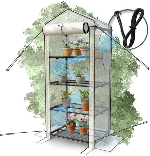 Heimfleiss® Foliengewächshaus mit 4 Ebenen | Balkon Gewächshaus klein | Garten Anzuchthaus Sturm- & Winterfest | Pflanzenzelt aus Folie & Metallgestell | Anzuchtregal Greenhouse Balkongewächshaus