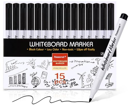 Reaeonat Black Whiteboard Markers, 15 Pack Dry Erase 0.7mm Fine Tip White Board Pens Ink Marker for Home Office Uses