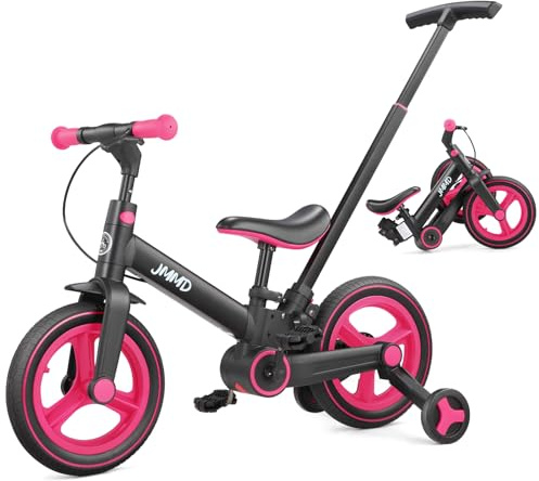 JMMD 6 in 1 Toddler Bike with Push Handle for Kids 18-60 Months, 12 Foldable Balance Bike with Training Wheels, Pedals, Brakes, Kickstand, Push Tricycle Toddler Gift & Toys for Boy & Girl