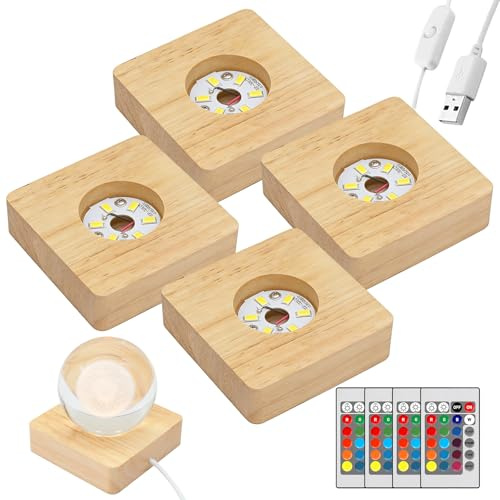BAIFULAI 4 stycken LED-bas, träbas, fyrkantig LED-lampbas, ljusbas med USB-strömbrytare fjärrkontroll, 7 färger, LED-lampor, display bas för glasblock, kristaller, glas, harts, konst (8 x 2 cm)