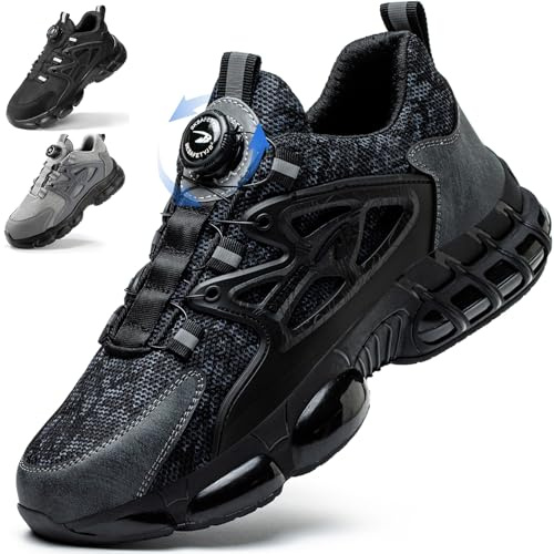 Safety Trainers, Steel Toe Cap Trainers for Men Women, Lightweight Breathable Safety Shoes Non Slip Cushioning Work Trainers Shoes with Swivel Buckle Shoelaces Dark Blue