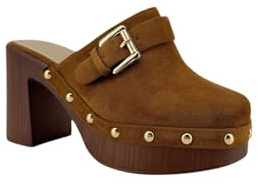 MODELISA - Zuecos con Plataforma de Tacón Ancho con Hebilla y Tachuelas Decorativas para Mujer