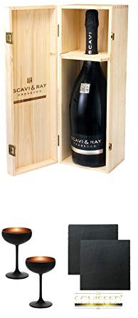 Scavi & Ray Prosecco Spumante 3,0 Liter in Holzkiste + Sektschale/Champagnerschale Stölzle 2 Gläser - Olympic Serie MATT-SCHWARZ BRONZE 2739408 + Schiefer Glasuntersetzer eckig ca. 9,5 cm Ø 2 Stück