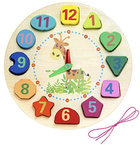 Lernuhren Holz Lernuhr Uhr-Spielzeug mit Seil und Zahlen Formen Pädagogisch für Kinder ab 3 Jahren