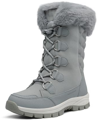 DREAM PAIRS Women's Waterproof Winter Snow Boots, Warm Comfortable Faux Fur Insulated Non-Slip Outdoor Lace-Up Florin Mid Calf Booties,Size 8.5,Light/Grey,SDSB2206W