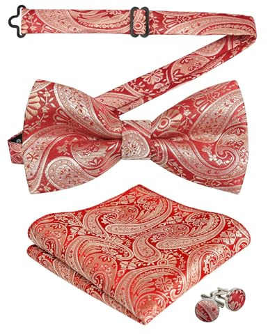 Alizeal Mens Classic Paisley Jacquard Bow Tie, Hanky and Cufflinks Set, Red Gold
