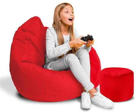 DreamRoots Sitzsack für Kinder und Erwachsene - Sitzsack mit Füllung, Lehne, Hocker und Bezug - Oxford Stoff 220 gr/m2 Wasserdicht - Sitzkissen Boden - Chill Sack S, Rot