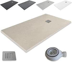 Outletaseo - Plato de Ducha de Resina Atlantic - Antideslizante Textura Pizarra - Todas Las Medidas Disponibles -Todos los Colores - Incluye Válvula desagüe+Rejilla (180x80, Beige Ral 1172)