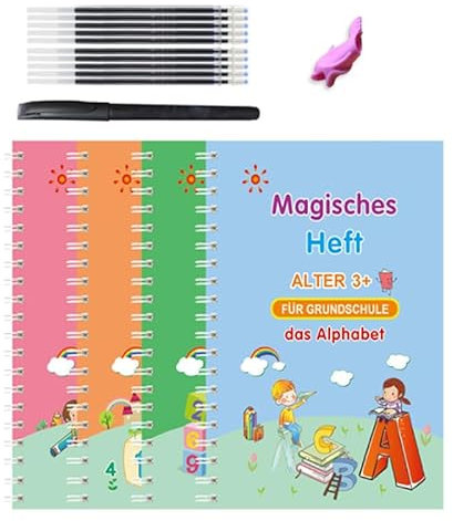 HhBdy 4 Stück Deutsch Magisches Heft, Wiederverwendbar Magische Übungshefte mit Zauberstift, Schreibhilfen und Zeichenschablone, Magische Vorschule Übungshefte für Kinder ab 3+Jahren Schreibens