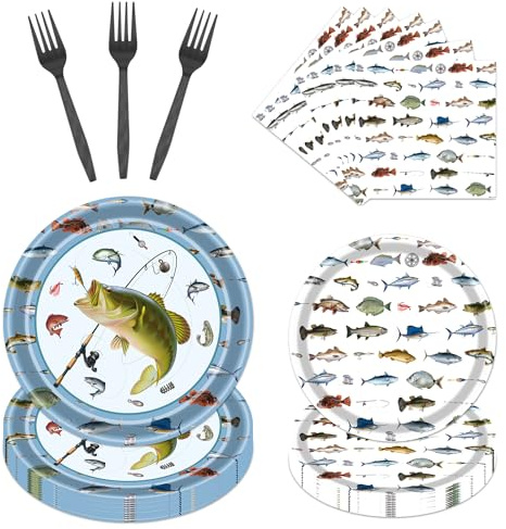 Rakuto Gone Fishing Party Plates, 96PCS Fishing Birthday Party Decorations Supplies, Fish Themed Paper Plates and Napkins Forks Disposable Tableware Supplies(24 Guests)