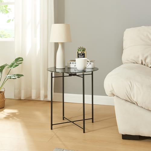 [en.casa] Beistelltisch Ödeshög Sofatisch mit Glasplatte Dekotisch im Industrie Design Ablagetisch mit Metallgestell 45 x Ø42cm Schwarz
