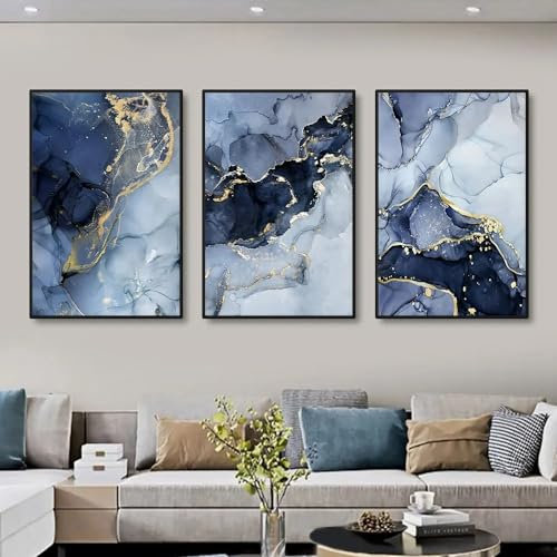 Juego de 3 cuadros de lienzo de mármol azul y dorado, modernos murales de sala de estar con textura azul, sin marco, póster de pared, arte abstracto (B, 40 x 60 cm)