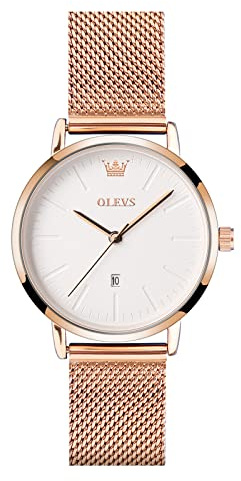 OLEVS Mujer Reloj Ultrafino Pulsera de Malla de Acero Inoxidable Elegancia Analógico Cuarzo Esfera Blanca Resistente al Agua para Mujer Relojes de Vestido Minimalista con Fecha Oro Rosa Correa