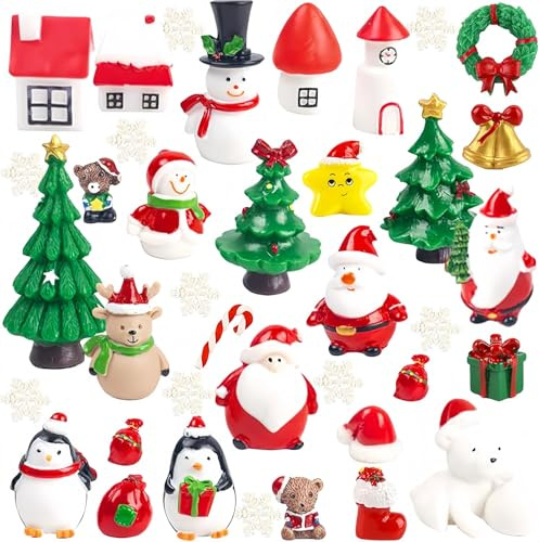 KAHEIGN 38 Piezas Figuras en Miniatura de Navidad, 4CM x 3CM Mini Resina Papá Noel Muñeco de Nieve Alce Árbol Copo de Nieve para Navidad Hada Jardín Muñecas Casa Mini Casa Fiesta Bricolaje Decoración