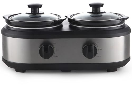 Olla de Cocción Lenta Eléctrica de 2 Ollas, Servidor de Buffet y Calentador de Alimentos / 2 Ollas de Cerámica de 1,25 L / 3 Configuraciones de Calor/Acabado en Acero Inoxidable Plateado