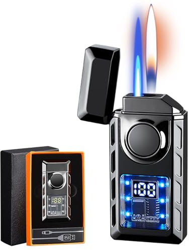 Multi-Funktionales Doppelflammen Feuerzeug mit Farbigen Lichtern, Intelligente Jetflamme, Einstellbarer Flamme, Nachfüllbares Butan - Geschenk für Männer (Schwarz)