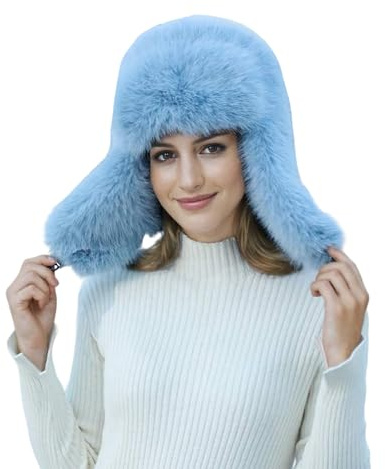 Lina & Lily Cappello Aviatore Trapper Donna Invernale in Pelliccia Sintetica Pelo Lungo (Blu Cielo)