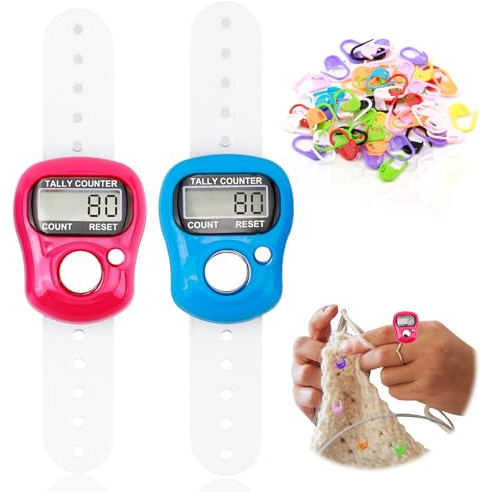2 Pieces Finger Counter Mini LCD Electronic Digital Display 50 Knitting Stitch Markers Crochet Closure Clip Colourful Knitting Markers Hand Clicker Counter Sewing Knitting for Sports Knitting Counting