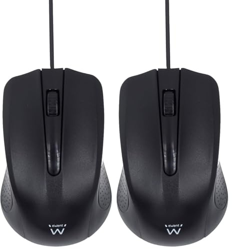 Ewent EW3300 - Souris Optique Filaire USB 3 Boutons, 1000 DPI, Design Ergonomique, Ambidextre, PC/Mac/Laptop/Chromebook - Noir (Lot de 2)