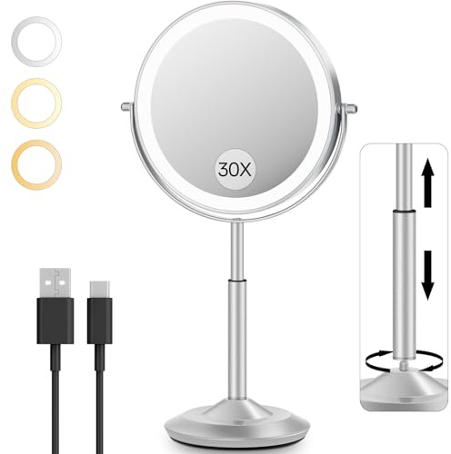VFD 30X/1X Makeup Mirror with Lights, Height Adjustable Lighted Magnifying Vanity Mirror with 3 Lighting and Adjustable Brightness, 3000mAh Rechargeable Double Sided Switch for Desk Women Gift