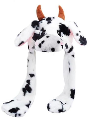 Interactive Plush Animal Hat with Moving Ears Press Pop Ear Cap for Women Girls Christmas Birthday Cosplay, Warm Funny Cute Animal Hat for Halloween Party (Milk cow)