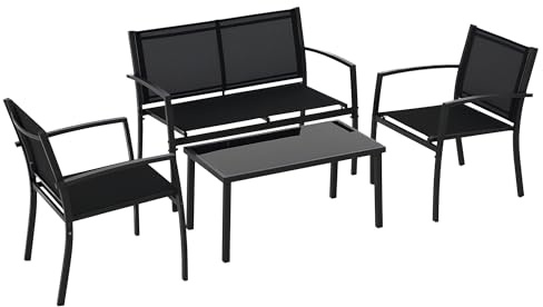 Outsunny Salon de Jardin extérieur 4 pièces avec canapé 2 Places, 2 chaises et Table Basse en Verre trempé, Coussins Inclus, mobilier de Jardin terrasse Veranda, Noir