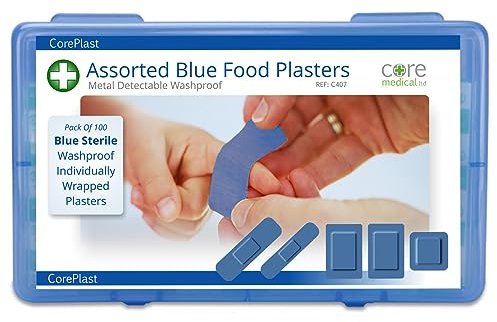 Blue Catering Plasters Assorted Hard Box 100x CorePlast Metal Detectable. Washproof Waterproof Medical Plaster Catering First Aid Kits, Easy Open, high stickability, Tough Cushioned Wound Dressing