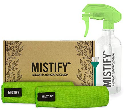 Mistify Pulizia Schermo Naturale 500ml e 2 Panni in Microfibra [Smartphone Tablet Portatili Tastiere Touchscreen Oleofebiche Smartwatch LED TV LCD 4K]