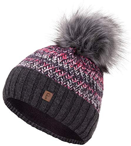Faera Wintermütze Mütze Damen gefüttert mit Kunstfell Bommelmütze Bommel Fleecefutter Winter Strickmütze Beanie Mädchen, Farbe:Anthrazit