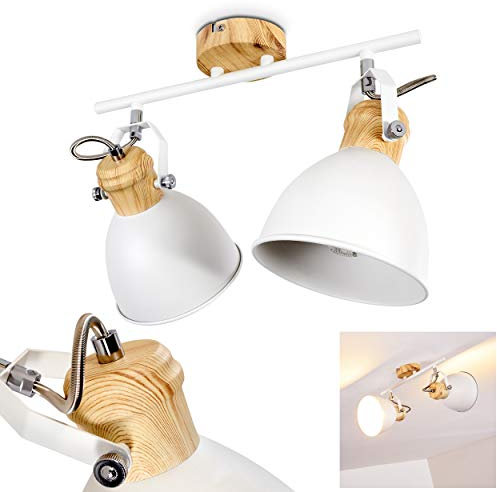 Deckenleuchte Banjul, Deckenlampe aus Metall in Weiß/Holzoptik, 2-flammig, mit verstellbaren Strahlern, 2 x E27-Fassung, Spot im Retro/Vintage Design, ohne Leuchtmittel