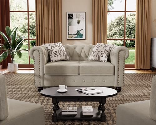 Morden Fort Classic Chesterfield Loveseat Set 60'', Tufted Loveseat Sofa Set with Solid Wood Legs Thick Cushion, Pet-Friendly Deep Seat Sofa Couch for Living Room Bedroom Apartment - Linen Beige