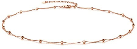 CERSLIMO Sterling Silver Necklace Rose Gold Plated Ball Bead Choker Necklace 16'' Chain for Women Girls Ladies Girlfriend Friend Men Birthday Jewellry Gift