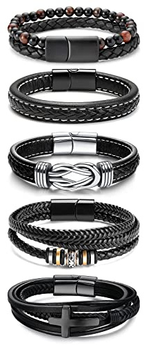 LOWNOUR Black Leather Bracelets for Men Women 5pcs Mens Bracelet Leather and Steel Braided Cuff Bracelets (B- 8.7inch)