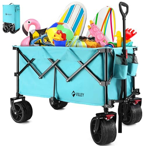 VILLEY Chariot de Plage Pliable 200 L – Charge 102 kg, Roues Tout-Terrain Extra Larges 9×16,5 cm, Freins & Poignée Réglable, pour Camping, Jardin, Extérieur – Bleu