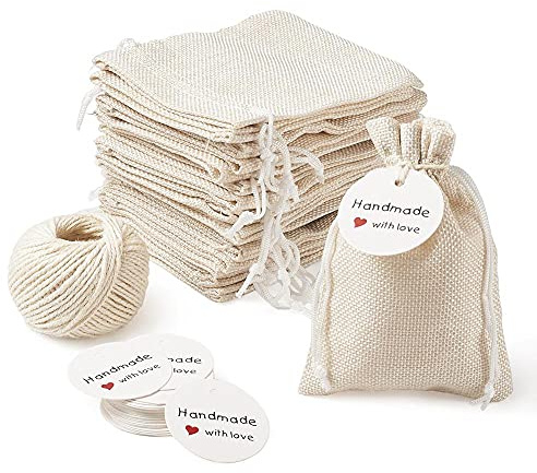 Bolsitas de Tela Pequeñas 30 unids Bolsas de arpillera con cordón Bolsas de regalo Políces de embalaje Kraft Papel Precio Etiquetas Cuerda de cáñamo Cadena para la exhibición de joyería Boda Favores B