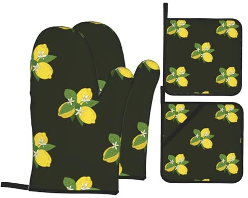 Ofenhandschuhe und Topflappen-Sets, Küchenofenhandschuh und Topflappen, 4 Stück, zum Backen, Grillen, Zitrone mit Zweig und Lilienstrauß, Schwarz