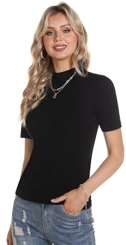 Totatuit Women's Summer T-Shirts Short Sleeve Elegant Turtleneck T-Shirt Casual Turtleneck Basic Pullover Slim Fit Soft Sexy Black L