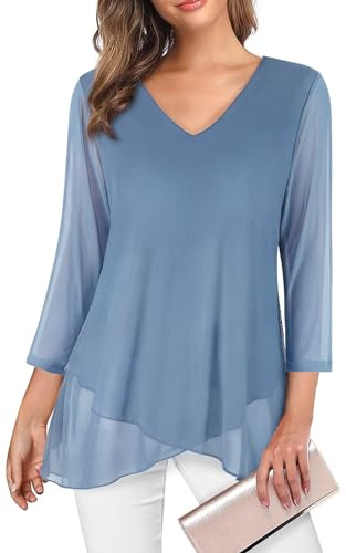 Adigaber Camicie Donna Casual in Chiffon Camicia Elegante di 3/4 Manica a Volant Scollo a V Bluse Leggero Classiaca