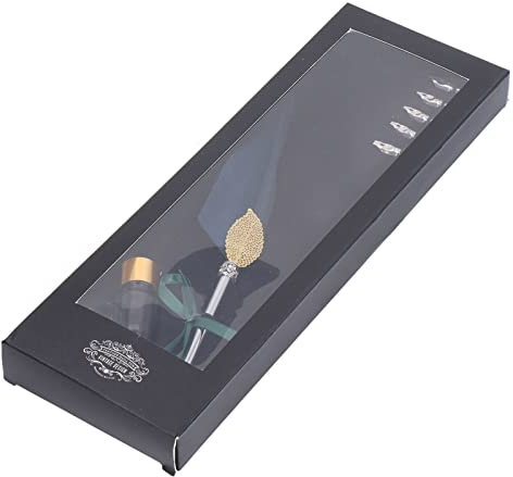 Emoshayoga fjäderpenna pennset med fjäderdesign, retro ihålig stil kalligrafipenna, metallspets, tom bläckflaska, SP101033, marinblå