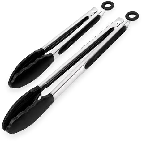 ASAB Kitchen Tongs Pack of 2 Silicone 9 and 12 Non-Slip Stainless Steel Handle Easy Grip Cooking Tongs Smart Locking Clip Heat Resistant Tongs for Cooking BBQ Buffet Barbecue Salad Serving (Black)