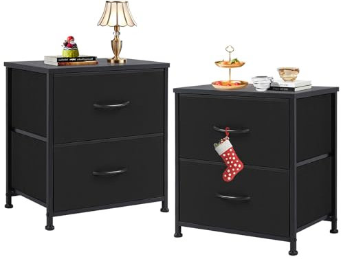Sweetcrispy Nachttisch 2er Set, Nachttisch Beistelltisch, Stoff Schubladenschrank, Schmal Schrank, Kommode Schlafzimmer, Industrial Stil für Wohnzimmer, Kinderzimmer, Flur Aufbewahrungsschrank