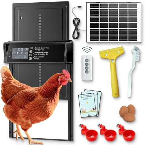Puerta de gallinero automática solar con pantalla LED, puerta automática de gallinero de aluminio con sensor de luz, temporizador, control remoto, carga tipo C y solar, anti-pellizco Farmer Nook