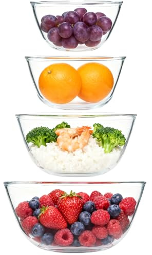 MEIDIV Set of 4 Glass Mixing Bowls, 3L/2.1L/1.1L/0.8L Glass Salad Bowl Meal Prep Bowls, Serving Bowl for Salads, Fruits Microwave Dishwasher Oven Safe