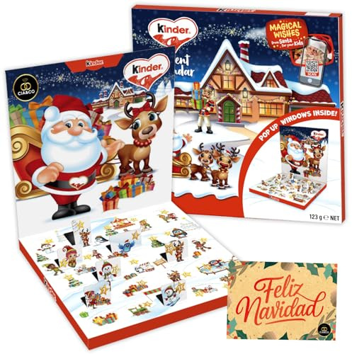 Calendario dell’Avvento Kinder POP UP 2025 · 24 Cioccolatini Assortiti · Design 3D con Babbo Natale e Renne · Con Biglietto Personalizzabile · Regalo di Natale Goloso per Bambini e Famiglie 125 g