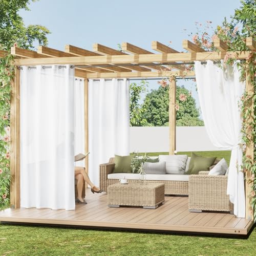 PONY DANCE Cortinas Semi Transparentes para Exterior, Cortinas Blancas Impermeable Filtro de Luz Privado para Balcon/Jardin/Pergolas con Ojales 2 Piezas,132x243cm(AnxAl)