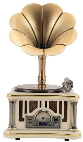 Sxhlseller Gramófono Vintage Altavoz Bluetooth 2000mAh Reproductor de CD Retro Radio con Soporte para Tarjeta de Memoria USB, Control Remoto Incluido, para Audio en el Hogar (White)