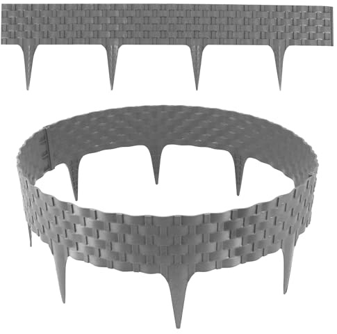 Borde de césped con aspecto de ratán, gris, módulos de 24 x 80 cm, borde de plástico para delimitación de parterres y césped, borde flexible para bancales